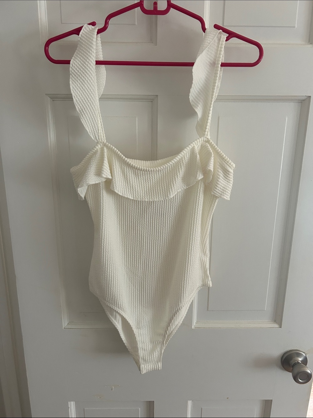 Caution To The Wind Cream Ruffle-Trim Bodysuit